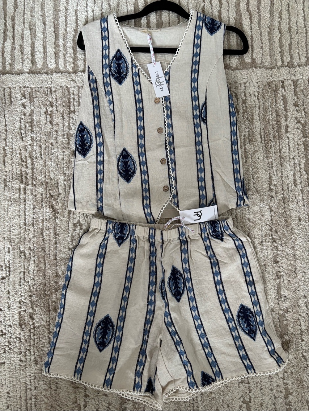 Women Beige and Blue Printed Two-Piece Set - Lightweight Summer Dressy Casual
